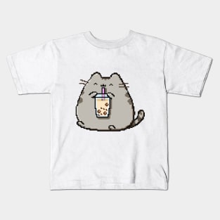 Pixel Chubby Cat Loves Boba Tea! Kids T-Shirt